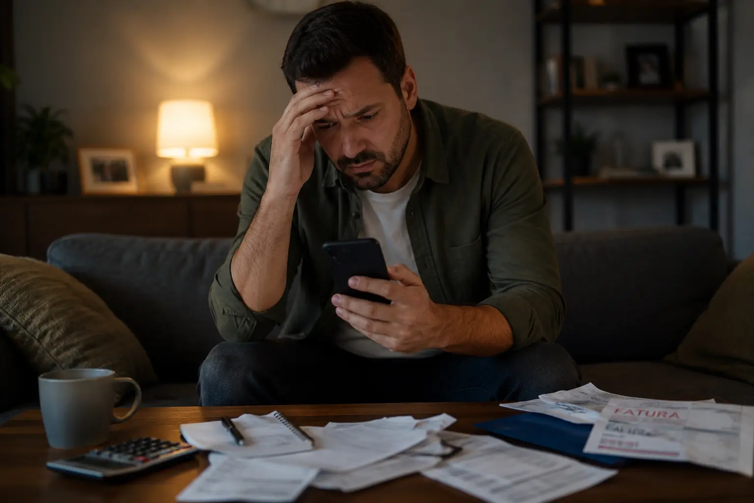 Homem preocupado com dívidas financeiras